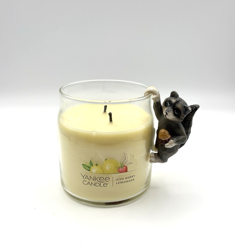 Yankee Candle Racoon holding an acorn Grey Black Jar Clinger Jar not included